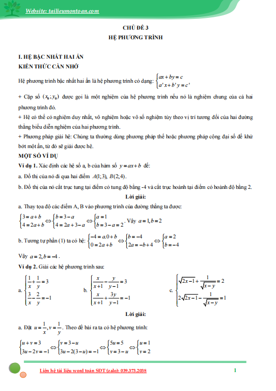 Chuyên đề hệ phương trình ôn thi vào lớp 10 môn toán